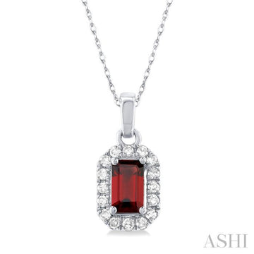 5x3 MM Octagonal Shape Garnet and 1/20 Ctw Single Cut Diamond Halo Semi-Precious Pendant with Chain in 10K White Gold